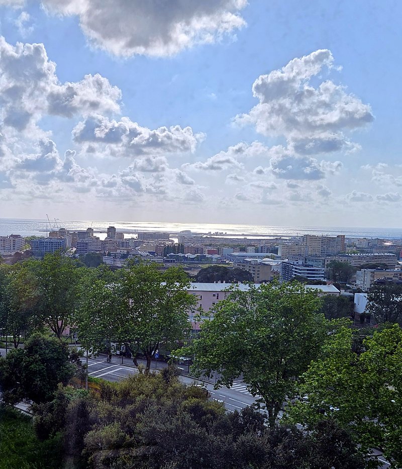 Daytime view across the city to the Atlantic, under a blue sky with scattered clouds
